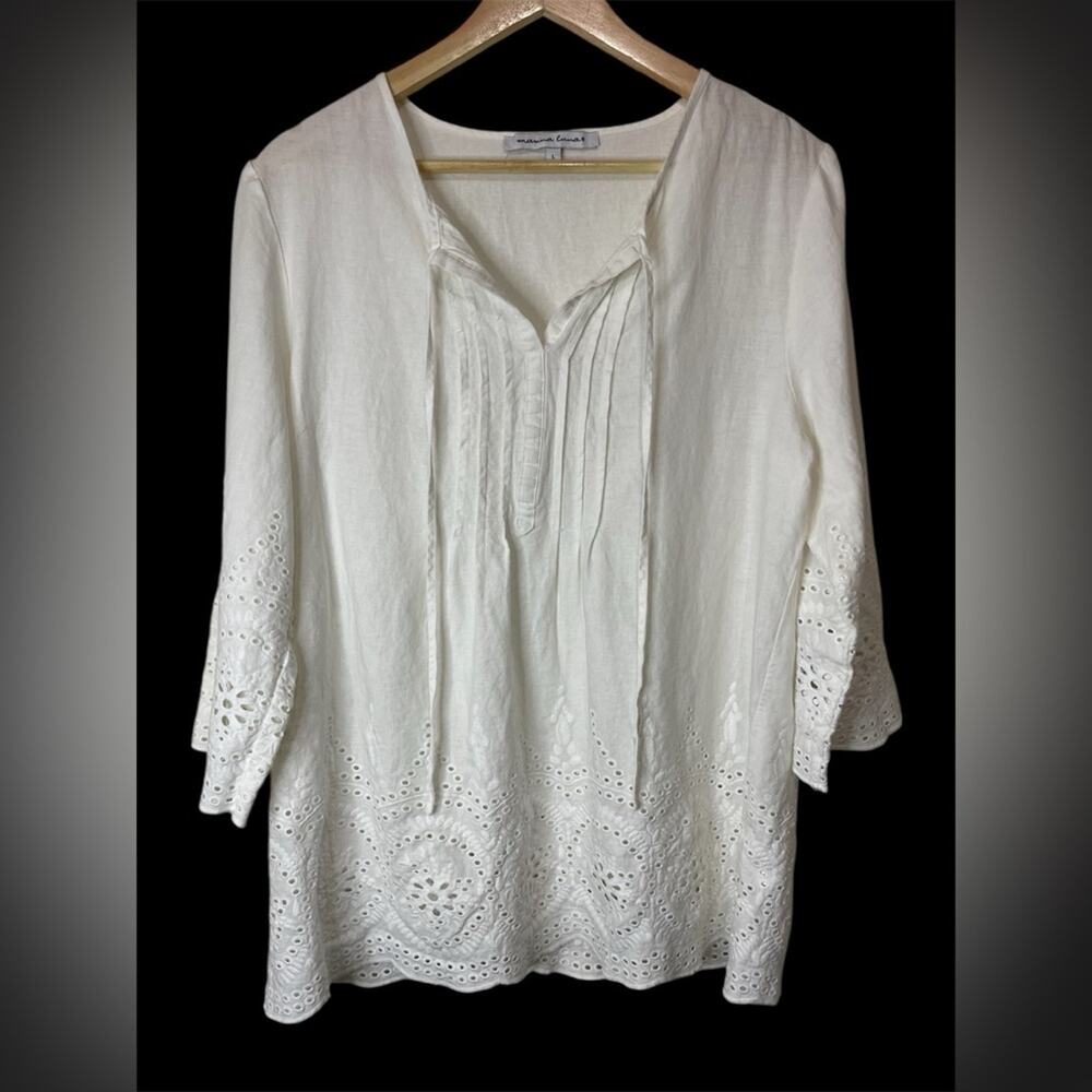 Marina Luna Eyelet Ivory V-Neck Peasant Linen Blend Lagenlook Tunic Top large